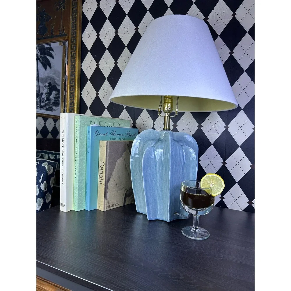 Large Sculptural Blue Pottery Table Lamp Fluted Statement Lighting 25